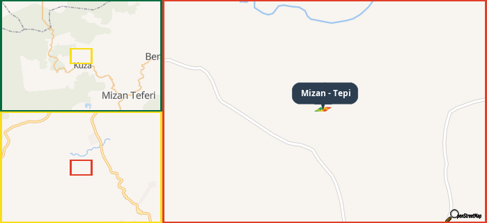 Map showing the address of Mizan - Tepi in three different zoom levels.