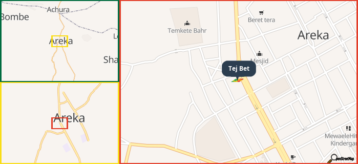 Map showing the address of Tej Bet in three different zoom levels.