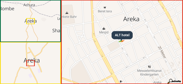 Map showing the address of ALT hotel in three different zoom levels.