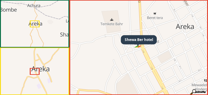 Map showing the address of Shewa Ber hotel in three different zoom levels.