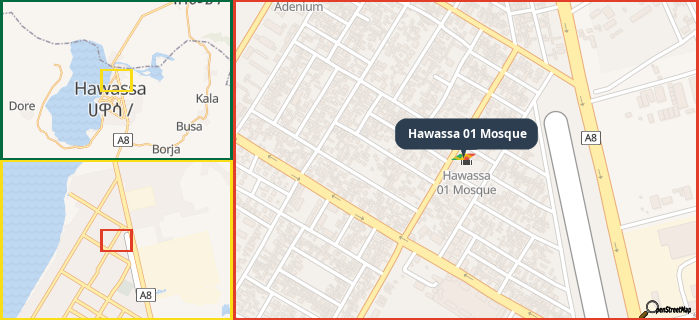 Map showing the address of Hawassa 01 Mosque in three different zoom levels.