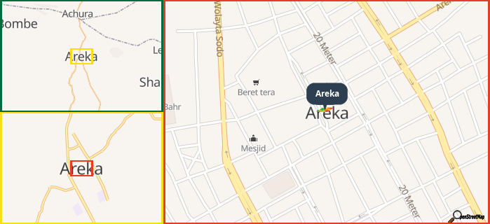 Map showing the address of Areka in three different zoom levels.