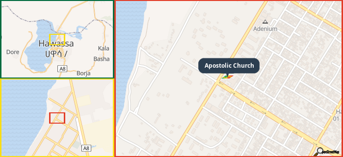 Map showing the address of Apostolic Church in three different zoom levels.
