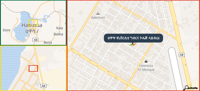 Map showing the address of ሀዋሣ ዩኒቨርሲቲ ግብርና ኮሌጅ ላይብረሪ in three different zoom levels.