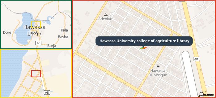Map showing the address of Hawassa University college of agriculture library in three different zoom levels.