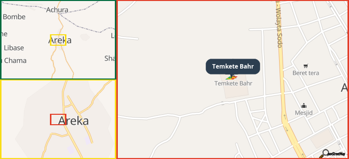 Map showing the address of Temkete Bahr in three different zoom levels.