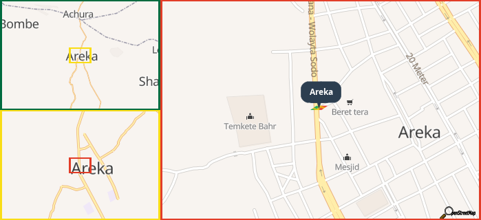 Map showing the address of Areka in three different zoom levels.