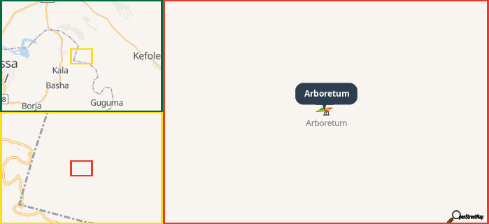 Map showing the address of Arboretum in three different zoom levels.