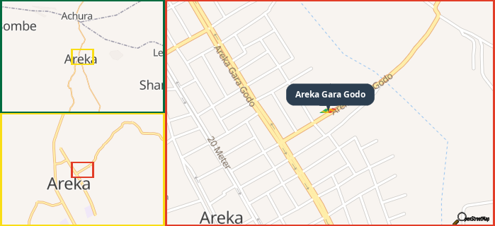 Map showing the address of Areka Gara Godo in three different zoom levels.