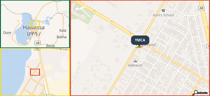 Map showing the address of YMCA in three different zoom levels.