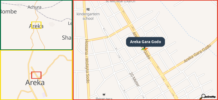 Map showing the address of Areka Gara Godo in three different zoom levels.