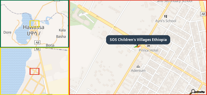 Map showing the address of SOS Children's Villages Ethiopia in three different zoom levels.