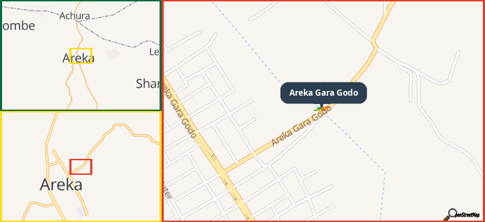 Map showing the address of Areka Gara Godo in three different zoom levels.