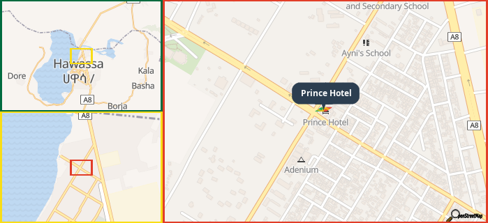Map showing the address of Prince Hotel in three different zoom levels.