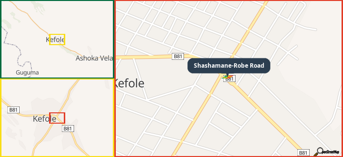 Map showing the address of Shashamane-Robe Road in three different zoom levels.