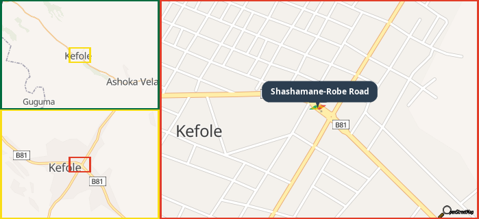 Map showing the address of Shashamane-Robe Road in three different zoom levels.