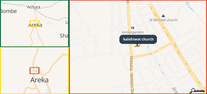 Map showing the address of kalehiwot church in three different zoom levels.