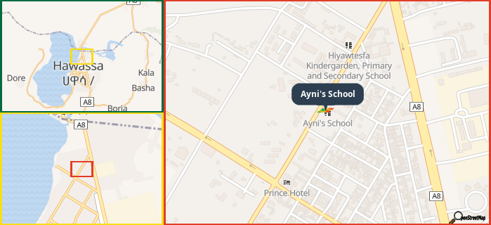 Map showing the address of Ayni's School in three different zoom levels.