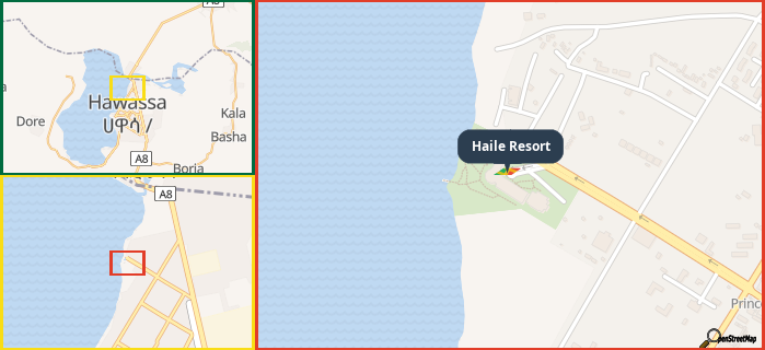 Map showing the address of Haile Resort in three different zoom levels.