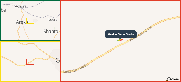 Map showing the address of Areka Gara Godo in three different zoom levels.