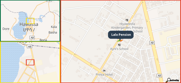 Map showing the address of Lalo Pension in three different zoom levels.