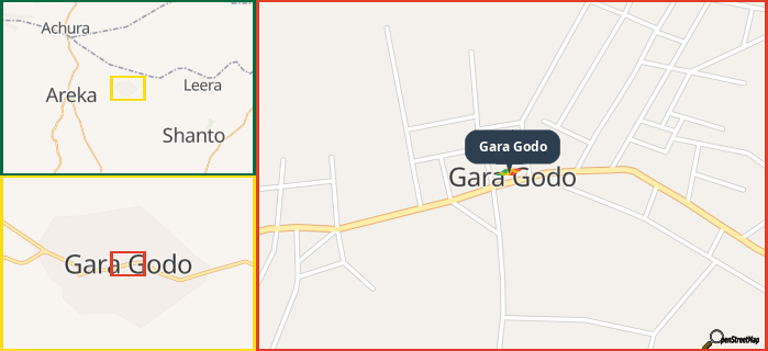 Map showing the address of Gara Godo in three different zoom levels.