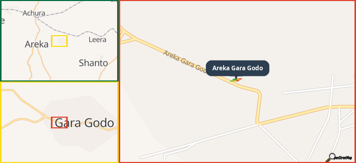 Map showing the address of Areka Gara Godo in three different zoom levels.