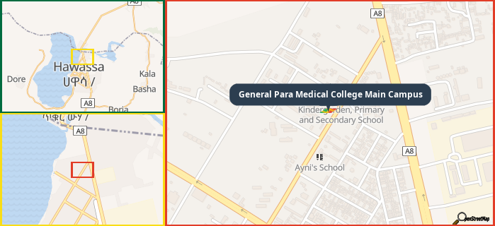 Map showing the address of General Para Medical College Main Campus in three different zoom levels.