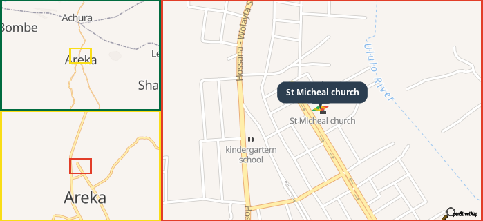 Map showing the address of St Micheal church in three different zoom levels.