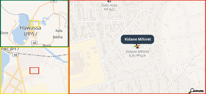 Map showing the address of Kidane Mihiret in three different zoom levels.