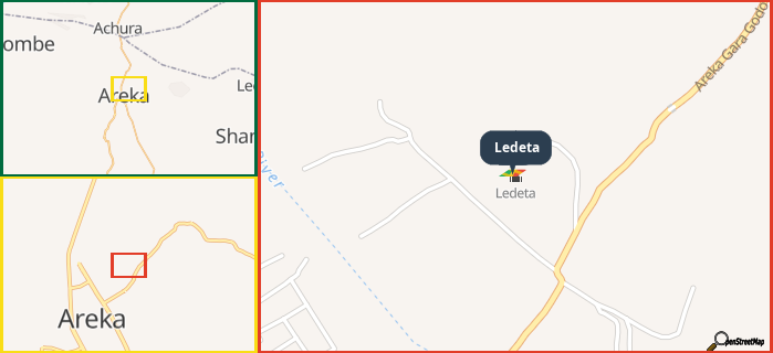 Map showing the address of Ledeta in three different zoom levels.
