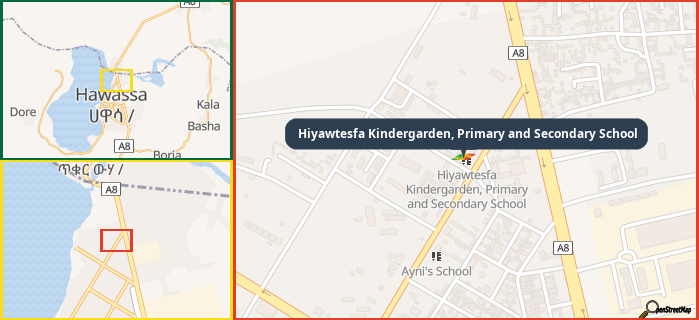 Map showing the address of Hiyawtesfa Kindergarden, Primary and Secondary School in three different zoom levels.