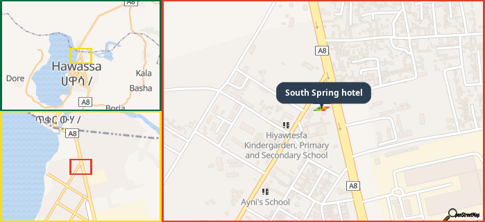 Map showing the address of South Spring hotel in three different zoom levels.