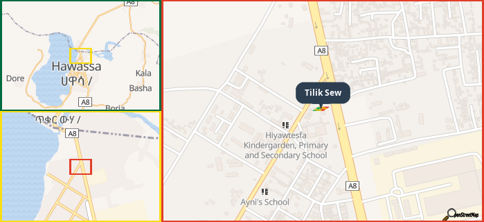 Map showing the address of Tilik Sew in three different zoom levels.