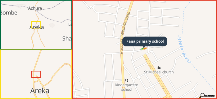 Map showing the address of Fana primary school in three different zoom levels.