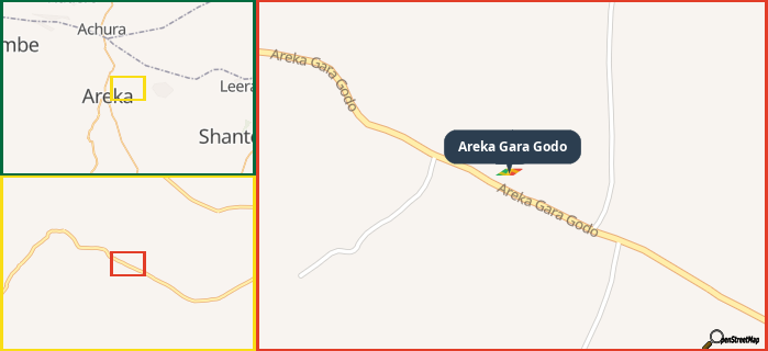 Map showing the address of Areka Gara Godo in three different zoom levels.