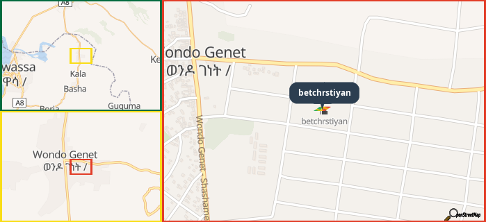Map showing the address of betchrstiyan in three different zoom levels.