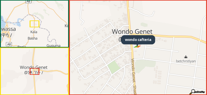 Map showing the address of wondo cafteria in three different zoom levels.
