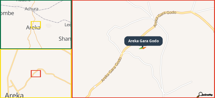 Map showing the address of Areka Gara Godo in three different zoom levels.
