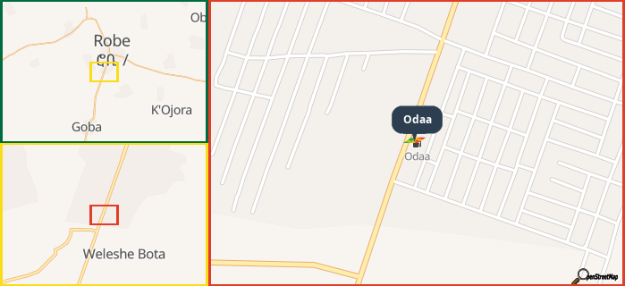 Map showing the address of Odaa in three different zoom levels.