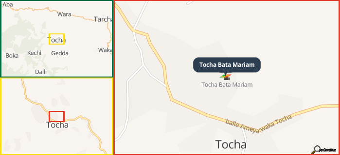 Map showing the address of Tocha Bata Mariam in three different zoom levels.