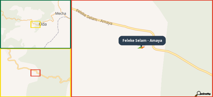 Map showing the address of Feleke Selam - Amaya in three different zoom levels.