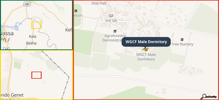 Map showing the address of WGCF Male Dormitory in three different zoom levels.