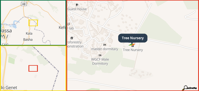 Map showing the address of Tree Nursery in three different zoom levels.