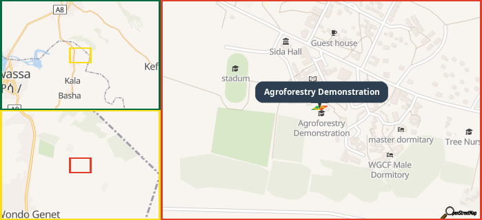 Map showing the address of Agroforestry Demonstration in three different zoom levels.