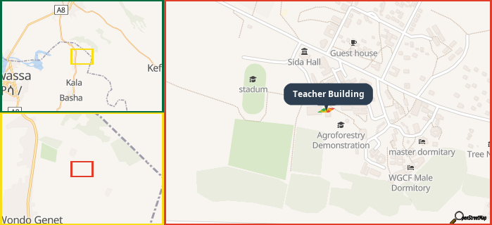 Map showing the address of Teacher Building in three different zoom levels.