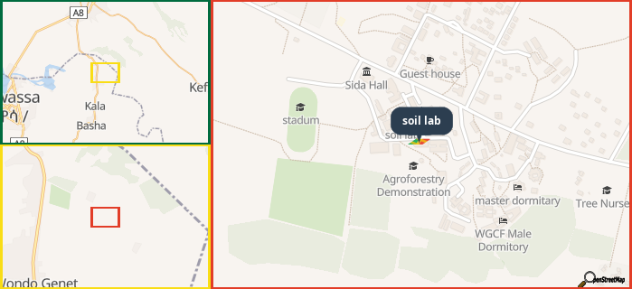Map showing the address of soil lab in three different zoom levels.