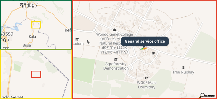 Map showing the address of Genaral service office in three different zoom levels.