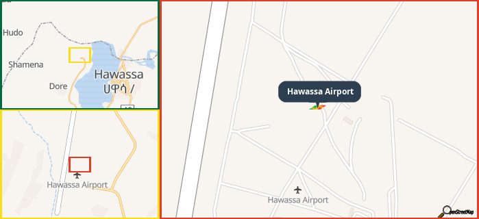 Map showing the address of Hawassa Airport in three different zoom levels.