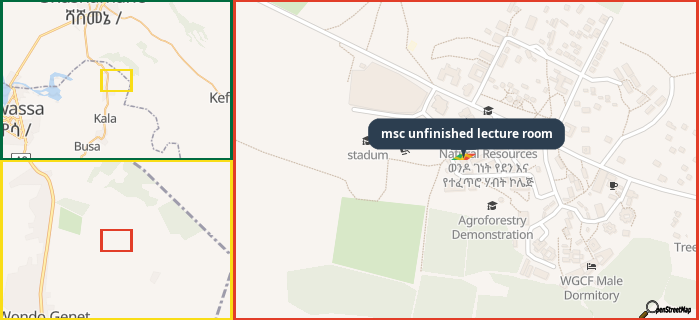 Map showing the address of msc unfinished lecture room in three different zoom levels.